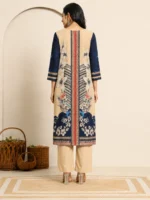 Women's Beige & Navy Blue Floral Printed Unstitched 3 Piece Suit Set with Dupatta - Image 3