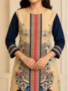 Women's Beige & Navy Blue Floral Printed Unstitched 3 Piece Suit Set with Dupatta - Image 2