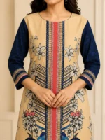 Women's Beige & Navy Blue Floral Printed Unstitched 3 Piece Suit Set with Dupatta - Image 2