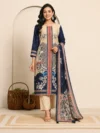 Women's Beige & Navy Blue Floral Printed Unstitched 3 Piece Suit Set with Dupatta