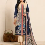 Women's Beige & Navy Blue Floral Printed Unstitched 3 Piece Suit Set with Dupatta