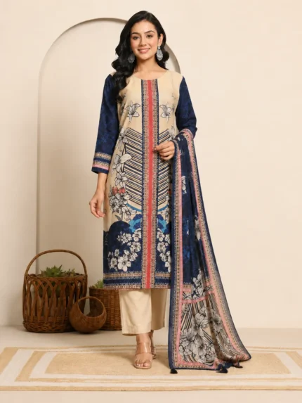 Women's Beige & Navy Blue Floral Printed Unstitched 3 Piece Suit Set with Dupatta
