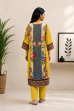 Mustard Yellow Floral Printed Kurta Set with Black Printed Dupatta - Image 3