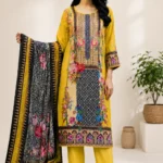 Mustard Yellow Floral Printed Kurta Set with Black Printed Dupatta
