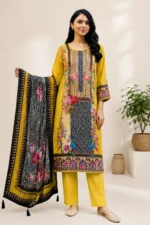 Mustard Yellow Floral Printed Kurta Set with Black Printed Dupatta