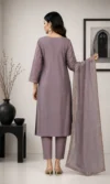 Mauve Embroidered Straight Kurta Set with Organza Dupatta - Image 3