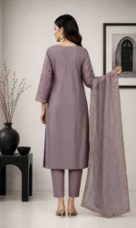 Mauve Embroidered Straight Kurta Set with Organza Dupatta - Image 3