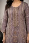 Mauve Embroidered Straight Kurta Set with Organza Dupatta - Image 2