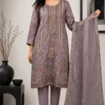 Mauve Embroidered Straight Kurta Set with Organza Dupatta