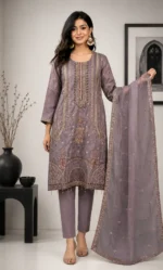 Mauve Embroidered Straight Kurta Set with Organza Dupatta