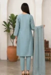 Powder Blue Embroidered Straight Kurta Set with Organza Dupatta - Image 3