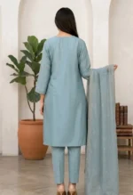 Powder Blue Embroidered Straight Kurta Set with Organza Dupatta - Image 3