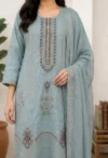 Powder Blue Embroidered Straight Kurta Set with Organza Dupatta - Image 2
