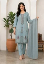 Powder Blue Embroidered Straight Kurta Set with Organza Dupatta