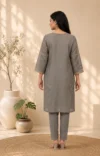 Slate Grey Embroidered Straight Kurta Set with Organza Dupatta - Image 2