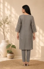 Slate Grey Embroidered Straight Kurta Set with Organza Dupatta - Image 2