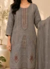 Slate Grey Embroidered Straight Kurta Set with Organza Dupatta - Image 3
