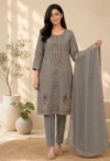 Slate Grey Embroidered Straight Kurta Set with Organza Dupatta