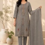 Slate Grey Embroidered Straight Kurta Set with Organza Dupatta