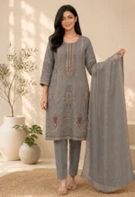Slate Grey Embroidered Straight Kurta Set with Organza Dupatta