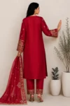 Ruby Red Embroidered Straight Kurta Set with Organza Dupatta - Image 2
