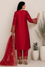Ruby Red Embroidered Straight Kurta Set with Organza Dupatta - Image 2