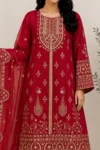 Ruby Red Embroidered Straight Kurta Set with Organza Dupatta - Image 3
