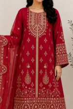 Ruby Red Embroidered Straight Kurta Set with Organza Dupatta - Image 3