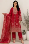Ruby Red Embroidered Straight Kurta Set with Organza Dupatta