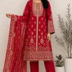 Ruby Red Embroidered Straight Kurta Set with Organza Dupatta