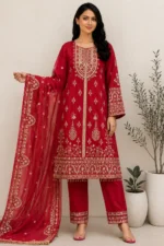 Ruby Red Embroidered Straight Kurta Set with Organza Dupatta