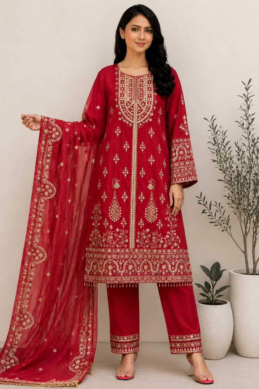 ZUN006_Front Ruby Red Embroidered Straight Kurta Set with Organza Dupatta - Image 1