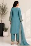 Teal Blue Embroidered Straight Kurta Set with Organza Dupatta - Image 3