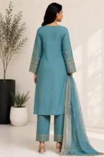 Teal Blue Embroidered Straight Kurta Set with Organza Dupatta - Image 3