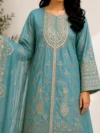 Teal Blue Embroidered Straight Kurta Set with Organza Dupatta - Image 2