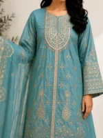Teal Blue Embroidered Straight Kurta Set with Organza Dupatta - Image 2
