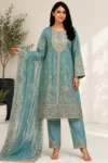 Teal Blue Embroidered Straight Kurta Set with Organza Dupatta