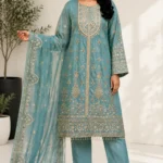 Teal Blue Embroidered Straight Kurta Set with Organza Dupatta