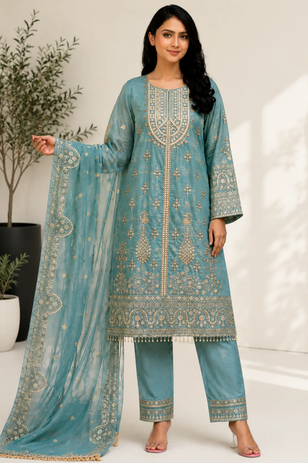 ZUN007_Front Teal Blue Embroidered Straight Kurta Set with Organza Dupatta - Image 1