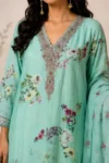 Mint Green Floral Printed Straight Kurta Set with Embroidered Dupatta - Image 3