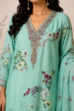 Mint Green Floral Printed Straight Kurta Set with Embroidered Dupatta - Image 3