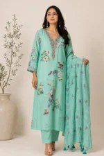 Mint Green Floral Printed Straight Kurta Set with Embroidered Dupatta