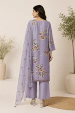 Lavender Floral Printed Straight Kurta Set with Embroidered Dupatta - Image 2