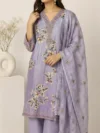 Lavender Floral Printed Straight Kurta Set with Embroidered Dupatta - Image 3
