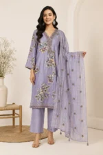 Lavender Floral Printed Straight Kurta Set with Embroidered Dupatta