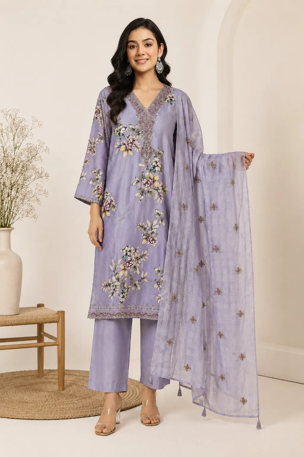 ZUN009_Front Lavender Floral Printed Straight Kurta Set with Embroidered Dupatta - Image 1