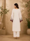 Ivory White Embroidered Straight Kurta Set with Printed Organza Dupatta - Image 2