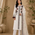 Ivory White Embroidered Straight Kurta Set with Printed Organza Dupatta