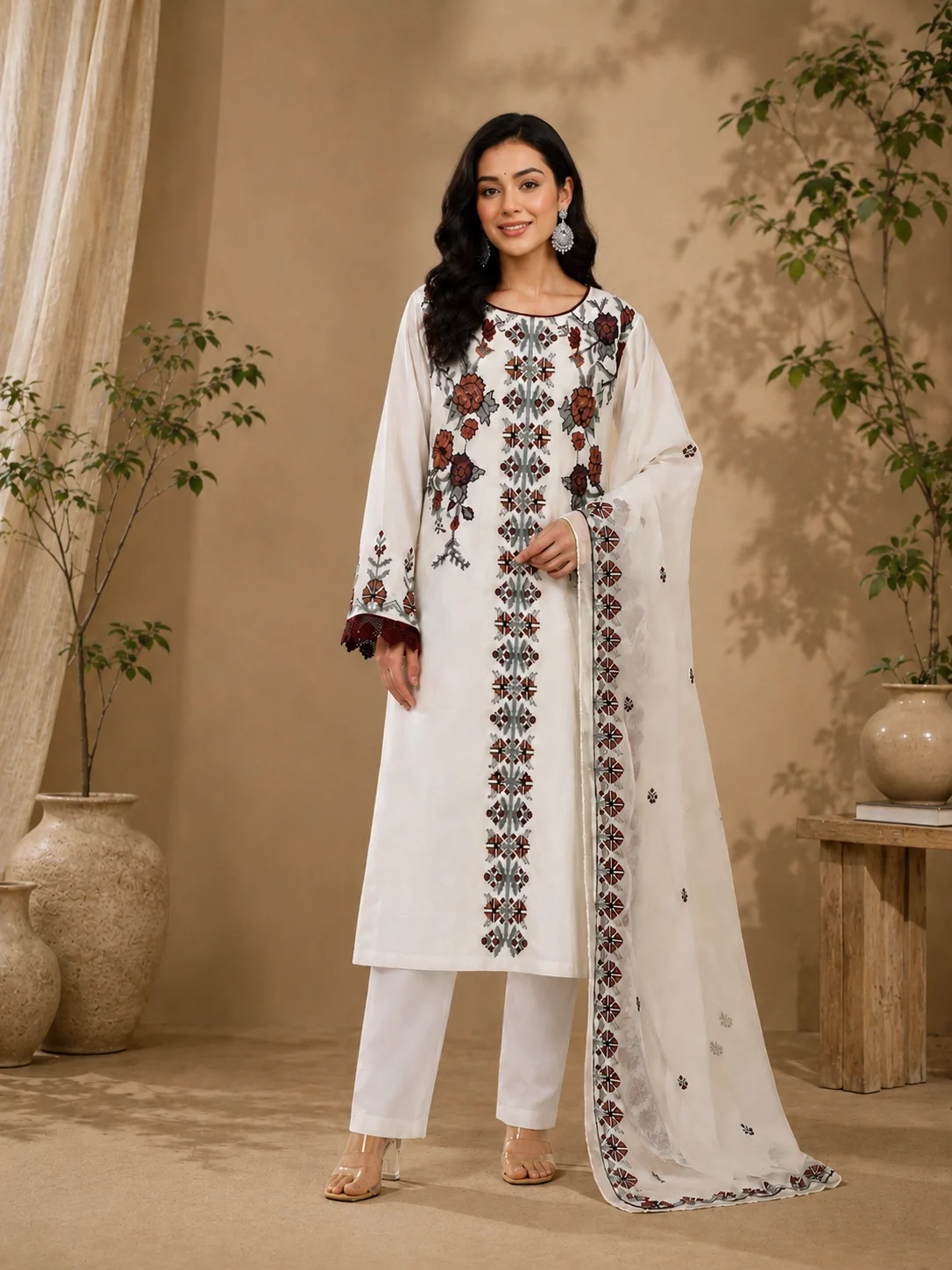 ZUN010_Front Ivory White Embroidered Straight Kurta Set with Printed Organza Dupatta - Image 1