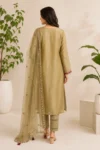 Olive Green Embroidered Straight Kurta Set with Organza Dupatta - Image 3